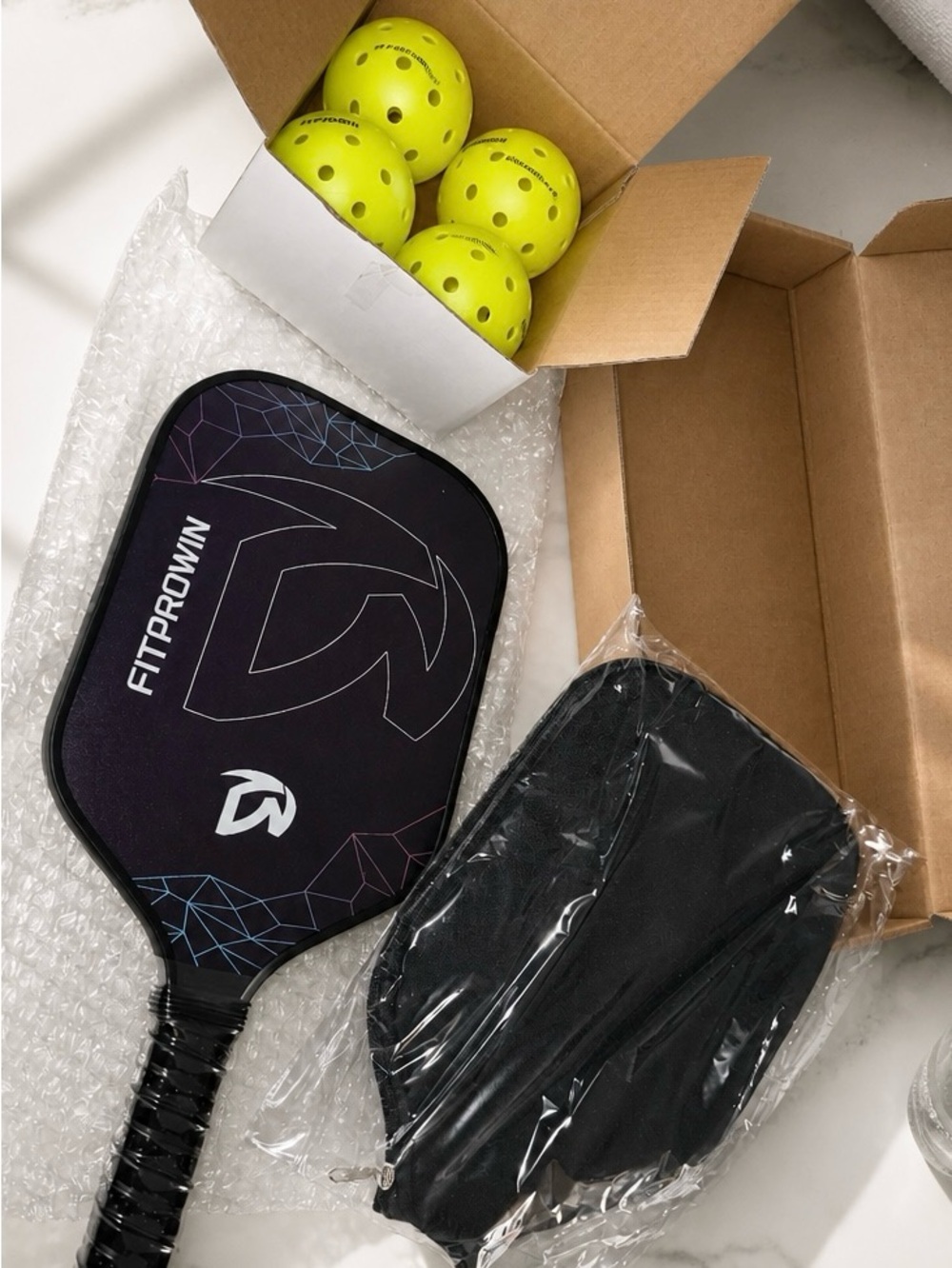 FITPROWIN Black Pickleball Paddle with Neon Yellow Balls